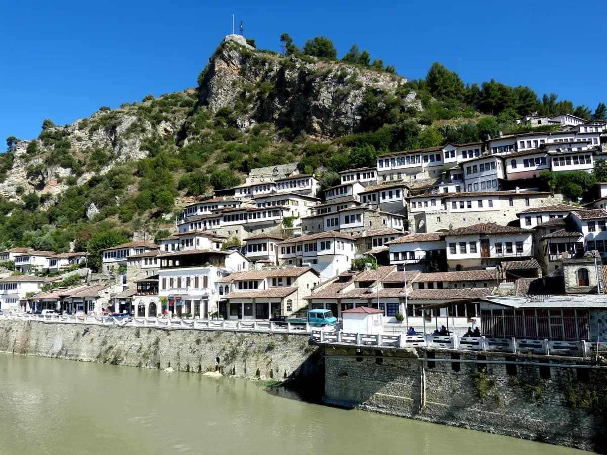 Traditional houses rising above the river in Berat's Mangalem neighbourhood