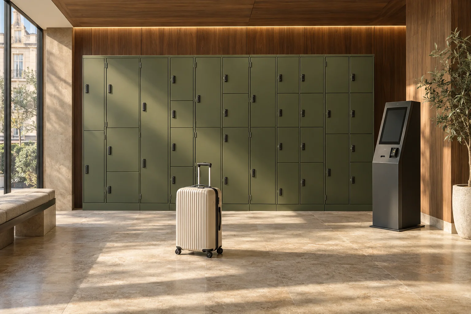 Design concept of olive green luggage lockers in a warm walnut and stone interior