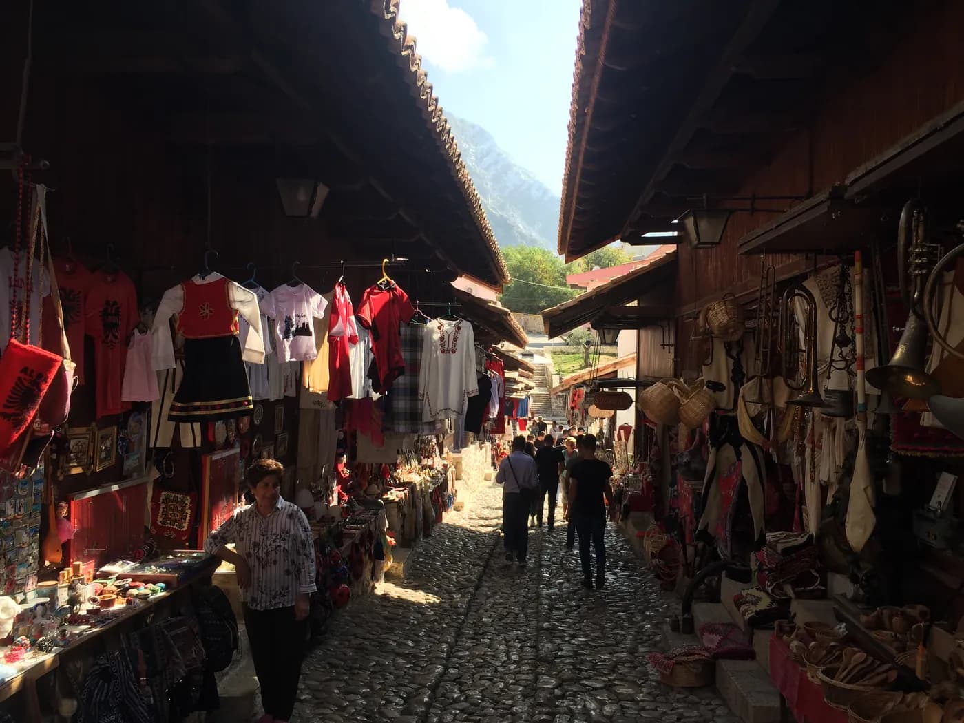 The stone street and traditional shops of Kruja's old bazaar