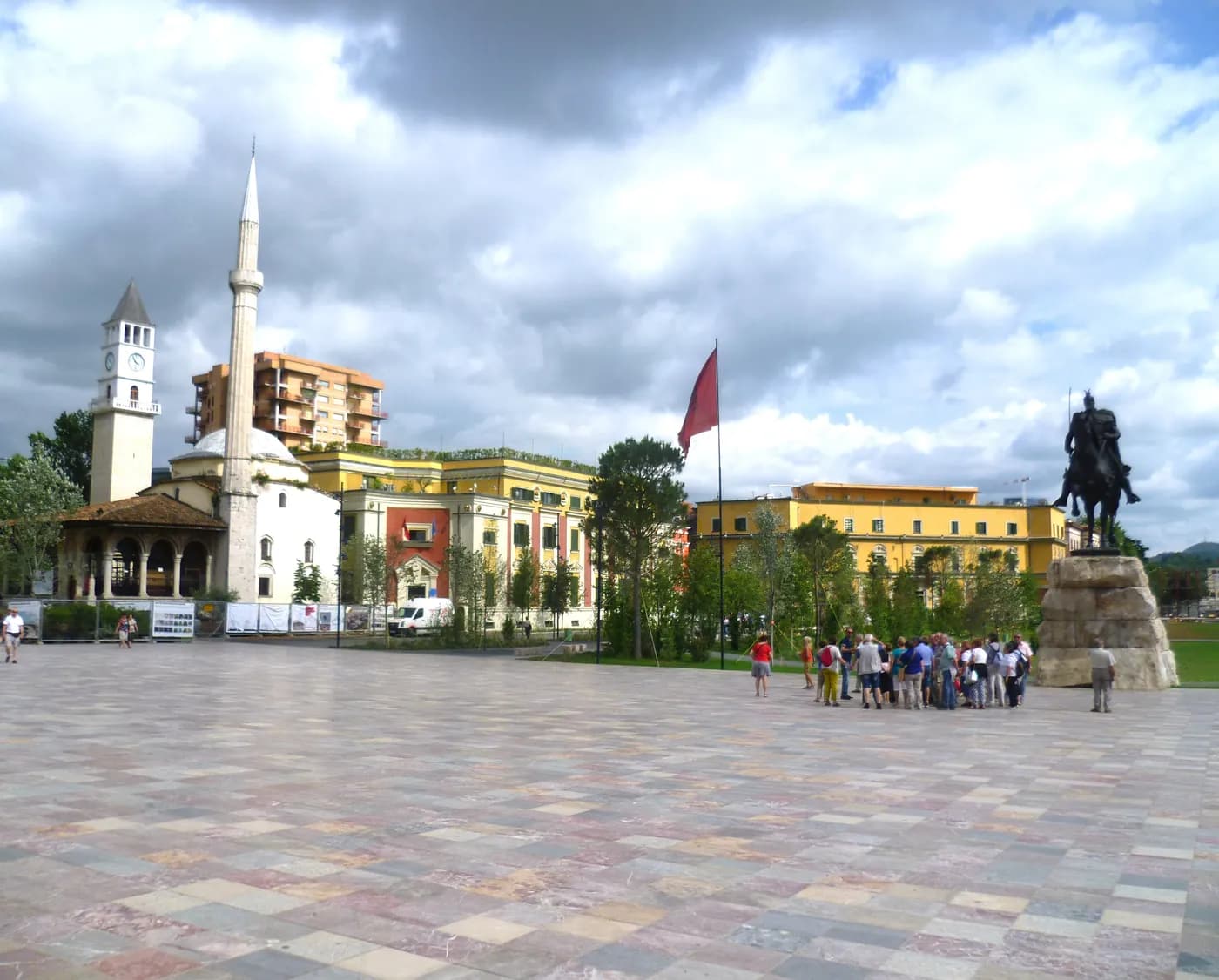 Skanderbeg Square in Tirana, with open space and the city's central buildings